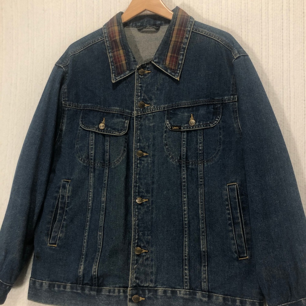 Lee‎ Denim Jacket Blue Plaid Collar Gardening Embroidery Jean Coat